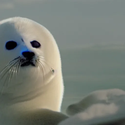 Image similar to a film still of a baby harp seal as James Bond in Skyfall