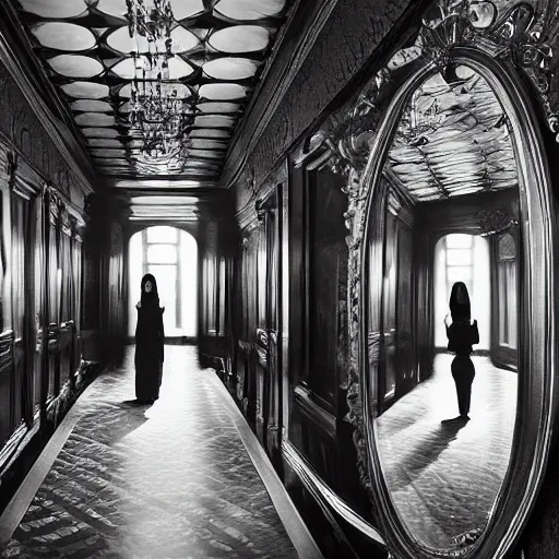 Image similar to a beautiful victorian woman is frightened by her doppleganger in a mirror. she is in a long hallway of mirrors. victorian interior, with many mirrors, twins, elegant design, haunting atmosphere, dark lighting, gothic, horror style, scary, swirling fog, volumetric lighting, by greg rutkowski, realistic, dutch angle, 3 / 4 view.