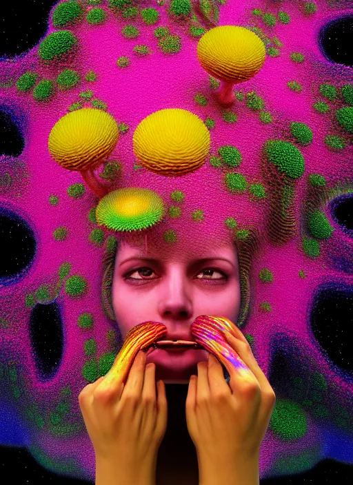 Image similar to hyper detailed 3d render like a Oil painting - Aurora (Singer) seen Eating of the Strangling network of yellowcake aerochrome and milky Fruit and Her delicate Hands hold of gossamer polyp blossoms bring iridescent fungal flowers whose spores black the foolish stars by Jacek Yerka, Mariusz Lewandowski, Houdini algorithmic generative render, Abstract brush strokes, Masterpiece, Edward Hopper and James Gilleard, Zdzislaw Beksinski, Mark Ryden, Wolfgang Lettl, hints of Yayoi Kasuma, octane render, 8k