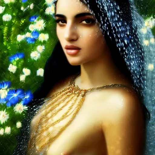 Image similar to beautiful Arab woman, white transparent veil black hair, bathing in a waterfall, swimming, ethereal, emotive, fine art, water mist, mystical, Romanticism, natural light, cinematic lighting, ultra detailed, highly detailed, sharp focus, golden background with flowers, golden jewelry with blue sapphires, photographic, art by artgerm and greg rutkowski and zdislav beksinski