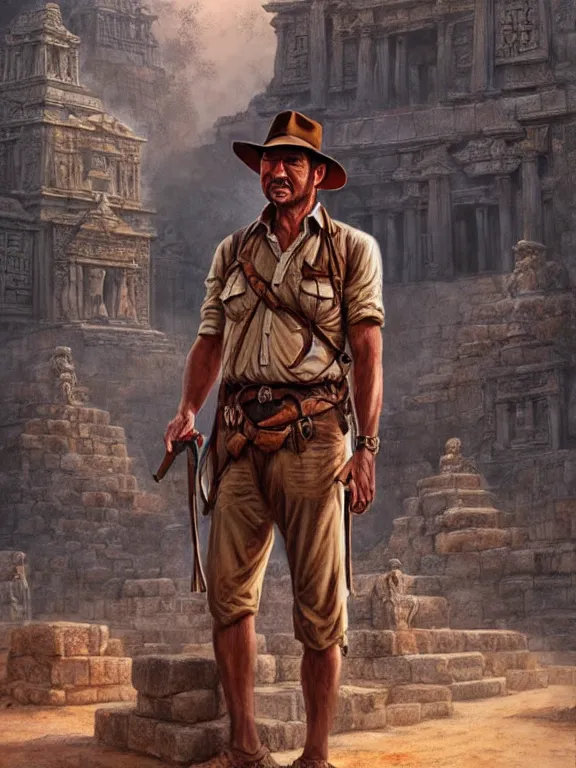 Prompt: indiana jones standing in front of an ancient temple, digital painting, extremely detailed, 4 k, intricate, artgerm, by zhenyu liu