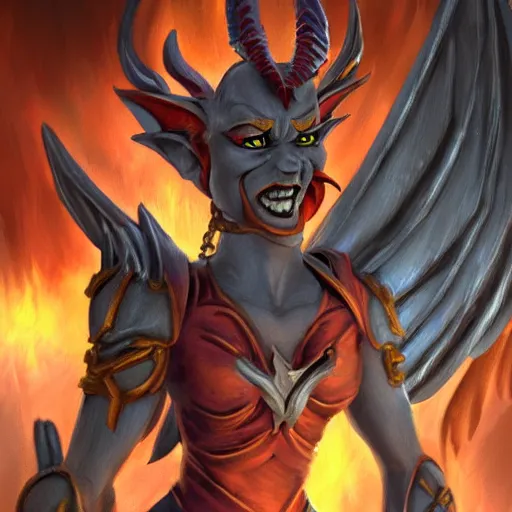 Prompt: disney's gargoyles!!!! female!! winged warrior! flaming sword ( devilish smile ) ( ( plate armor ) ) ( ( ( shield ) ) ), fantasy painting, concept art, 4 k