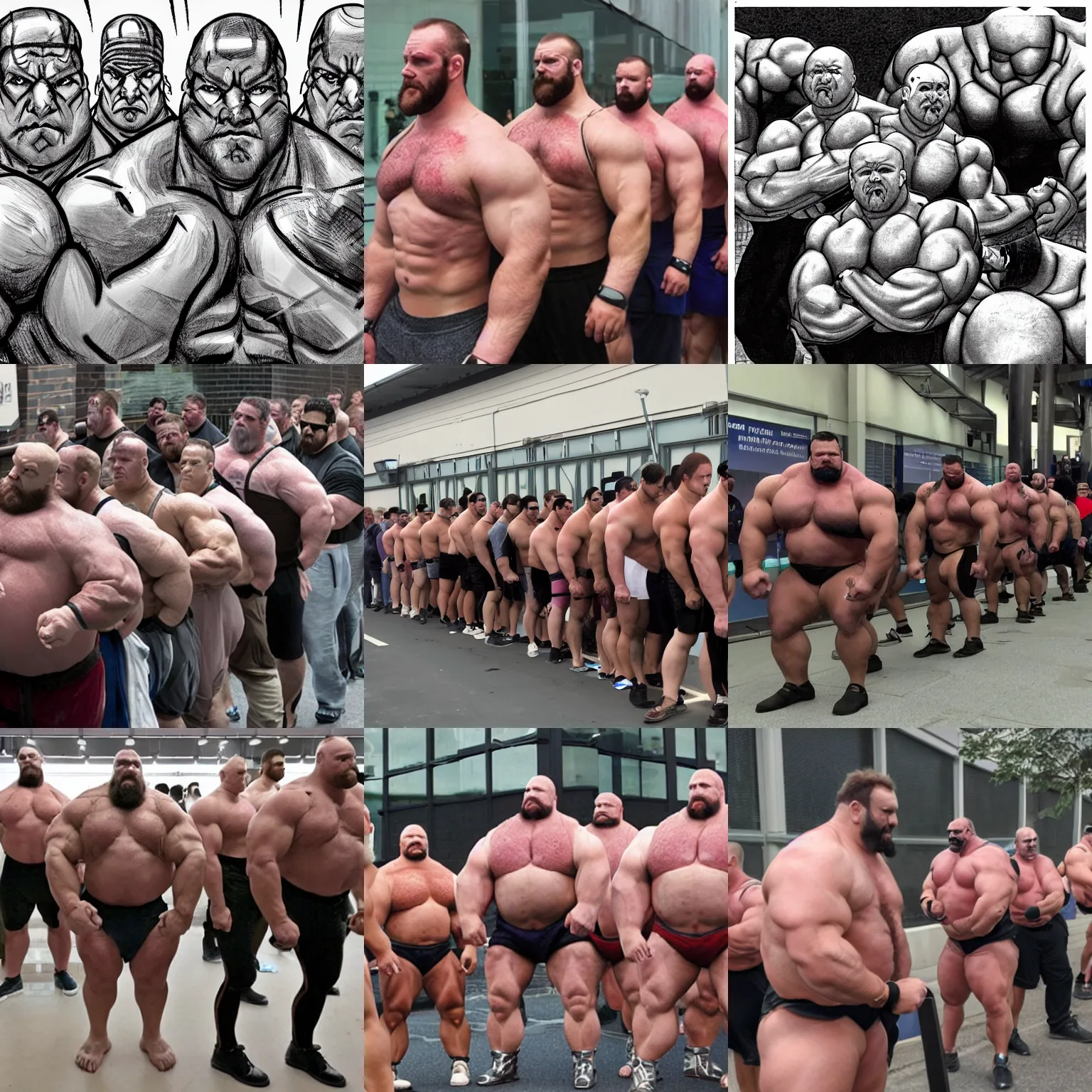 Prompt: cloned burly strongmen cyborgs in line