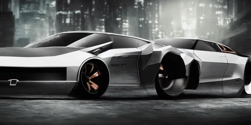 Prompt: a design of a futuristic DMC Delorian, designed by Polestar, blade runner background, stained antique copper car paint, white wheel rims, black windows, sportscar, dark show room, dramatic lighting, hyper realistic render, depth of field