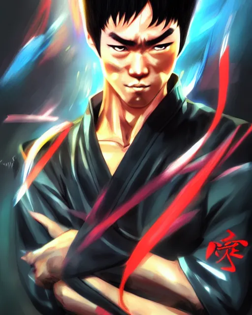 Prompt: anime portrait of Bruce Lee as an anime man by Stanley Artgerm Lau, WLOP, Rossdraws, James Jean, Andrei Riabovitchev, Marc Simonetti, and Sakimichan, trending on artstation