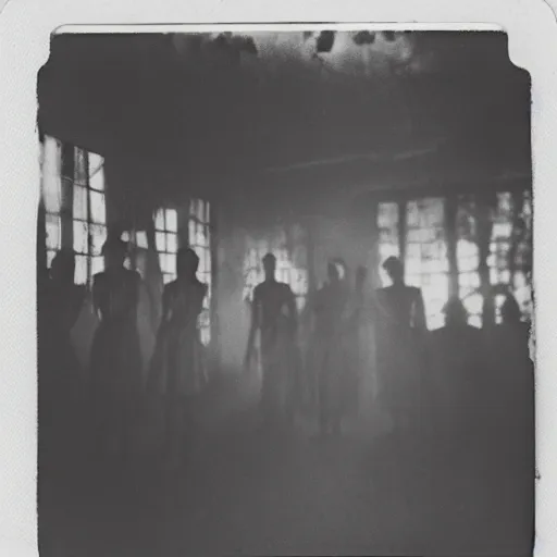 Image similar to a group of people in a witchcraft ritual on an abandoned mad house in the Colombian jungle, mist, 1910 polaroid photography, grainy film, resident evil, Black and white