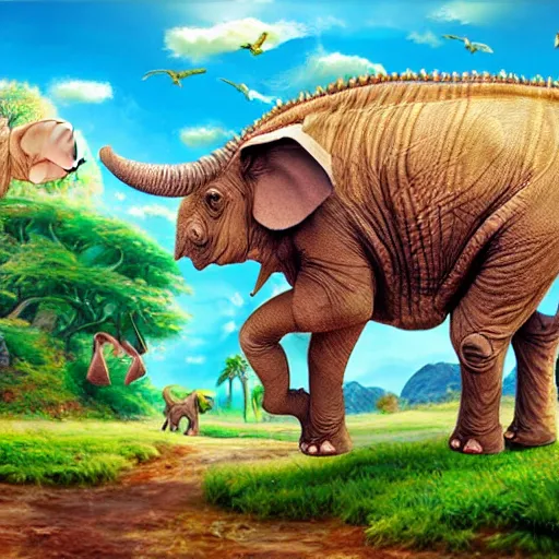 Prompt: hybrid animal cross between triceratops and elephant with colorful prehistoric landscape background detailed oil painting 4k