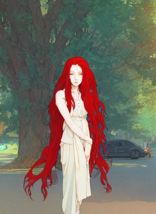 Image similar to young woman with long red hair standing at the corner of a busy street, path traced, highly detailed, high quality, digital painting, by studio ghibli and alphonse mucha, leesha hannigan, makoto shinkai, disney