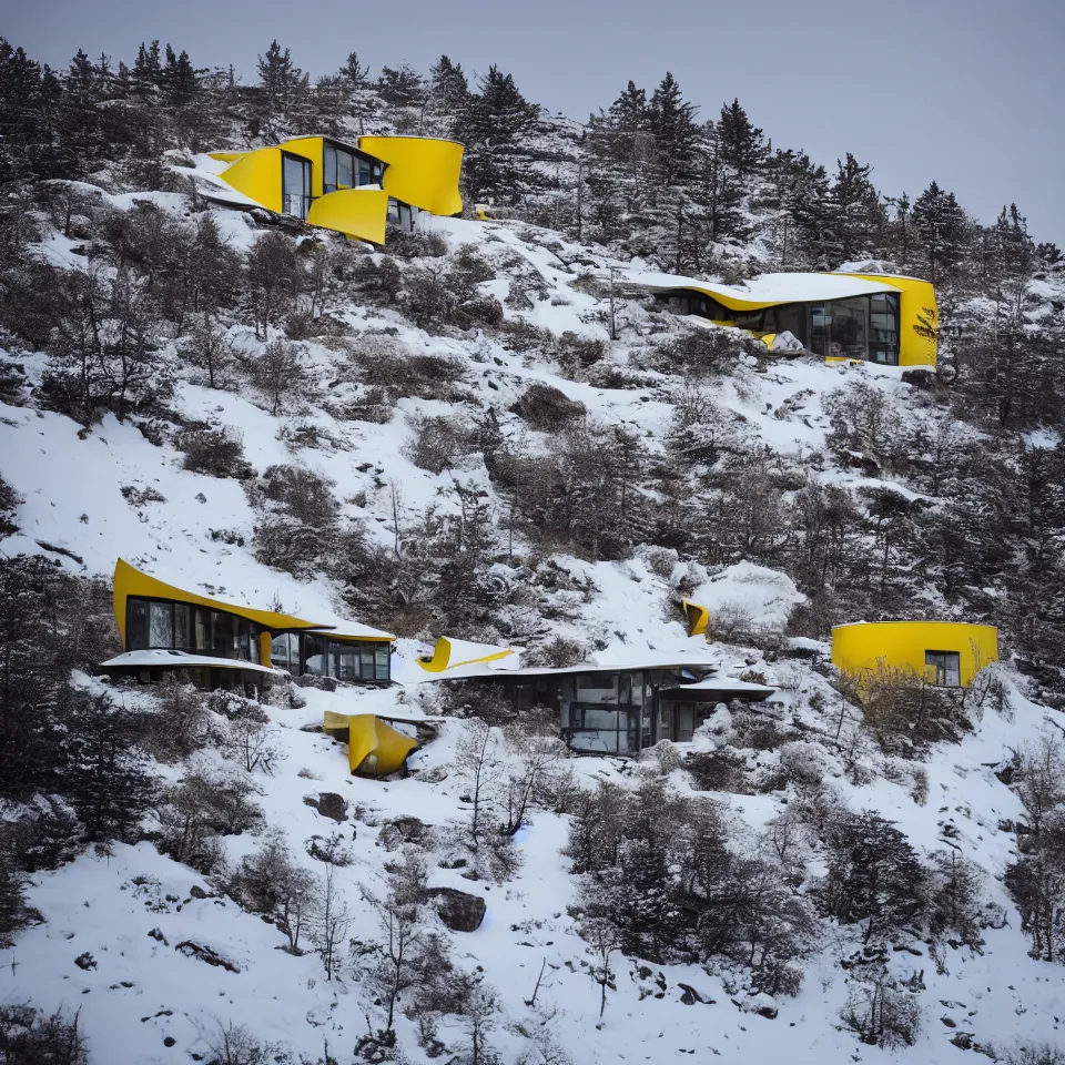 Image similar to an asphalt road leading to a mid-century modern house on top of a cliff in the arctic, covered with snow, designed by Frank Gehry. Big tiles. A car is parked in front. Film grain, cinematic, yellow hue