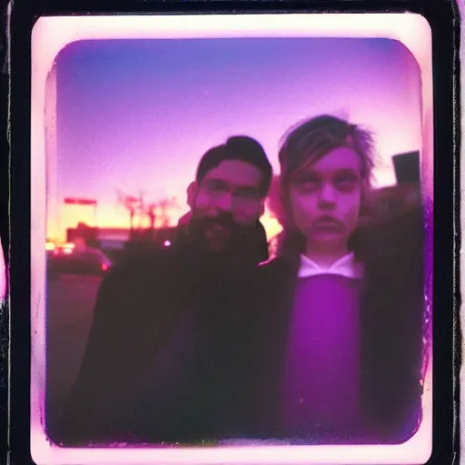 Prompt: selfie with an non existing angel in the busy street of Night Vale, sunset, violet tones, polaroid photo, by Warhol,