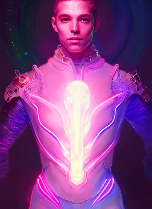 Image similar to a male cyborg faceless glowing liquefied stardust adventurer, dnd fantasy character, full body portrait, glowing neon skin, magical aura, ultra realistic, intricate, elegant, highly detailed, digital painting, artstation, smooth, sharp, focus, illustration, art by artgerm and greg rutkowski and alphonse mucha