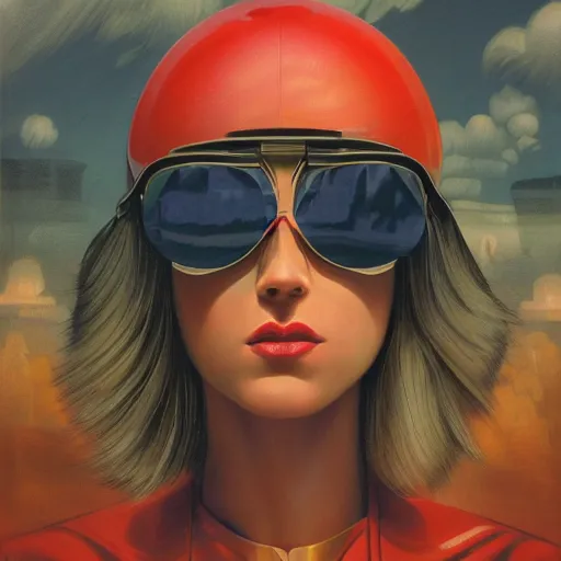 Prompt: detailed face of a woman, clockwork, moment, tectonic sky, skydome, bullet train, turbines, utopian, tech noir, wet reflections, prism, atmospheric, ambient, pj crook, syd mead, livia prima, artgerm, greg rutkowski, nick alm, casey baugh, blonde, gold tinted sunglasses, red weave hat, windswept