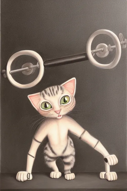 Image similar to anthro cat working out in the gym, an ultrafine detailed painting by mark ryden, trending on deviantart, pop surrealism, whimsical, lowbrow, grotesque