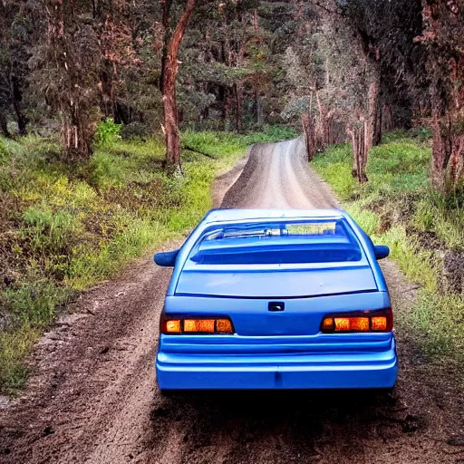 Prompt: Blue 1999 Subaru WRX driving down dirt road composition twilight glowing red taillights cinematic movie still