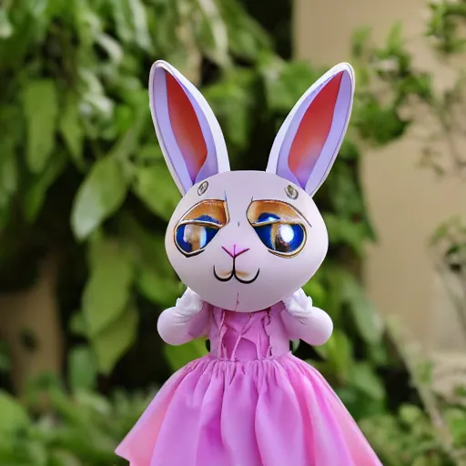 Image similar to beautiful fit female anthropomorphic rabbit with symetric face wearing dress, full body, 5 5 mm