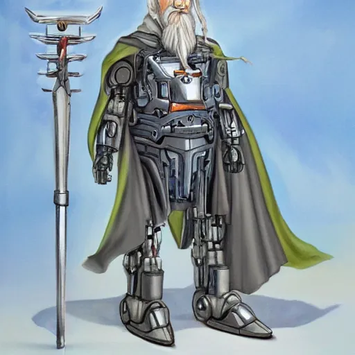 Image similar to gandalf as cyborg mecha, painting