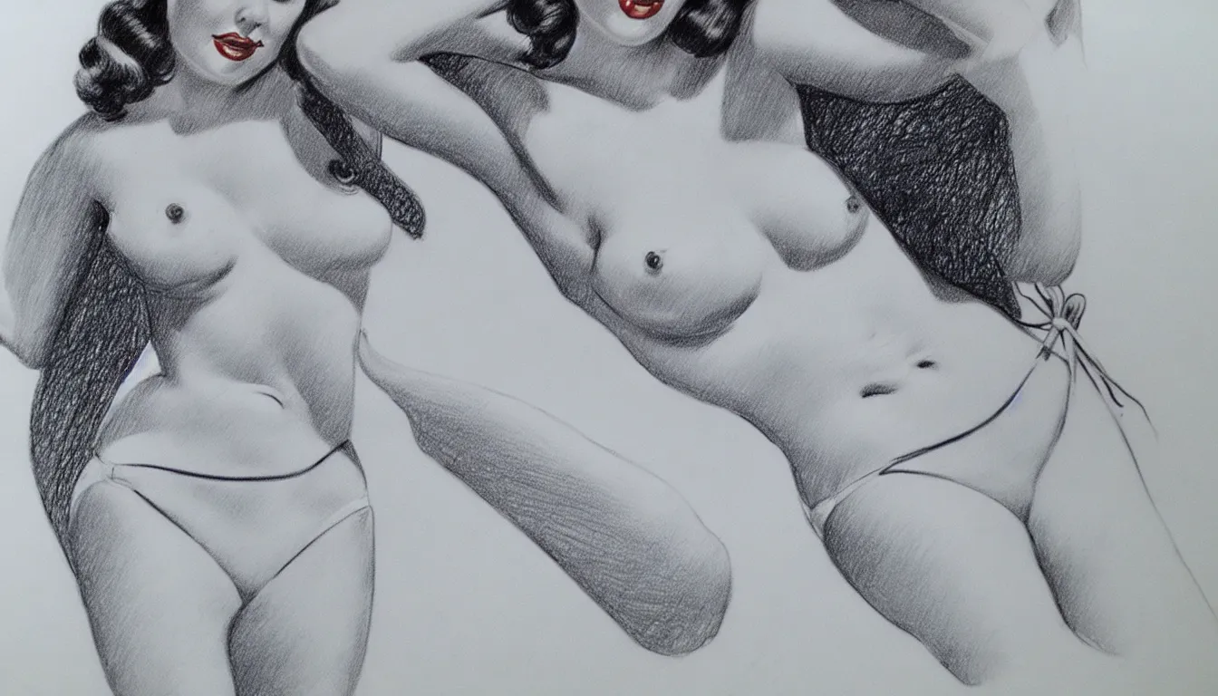 Prompt: pinup woman in a 7 0 s bikini, photorealistic drawing, masterpiece