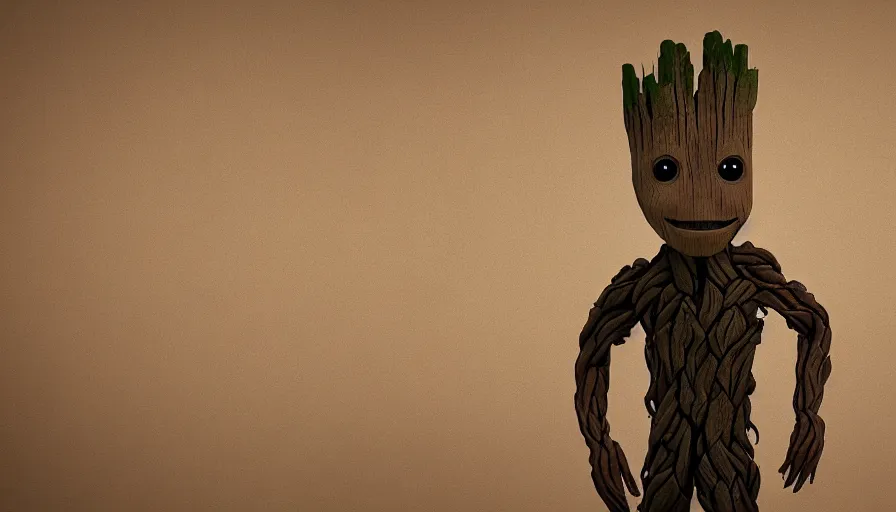 Prompt: realistic groot made of cardboard!! Cinematic, 8k, render, film still