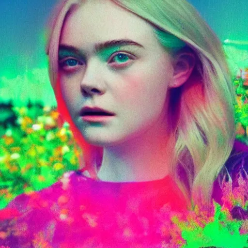 Image similar to Elle Fanning in a garden, VHS glitch art, neon like art