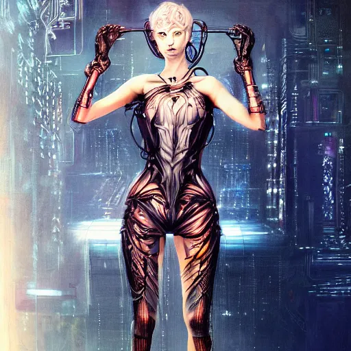 Prompt: a full body beautiful woman wearing a cyberpunk outfit by karol bak, ayami kojima, artgerm, sakimichan, hr giger, blue eyes, weapons, electronics, high tech, cyber wear, latex dress, bandage, concept art, fantasy, cyberpunk