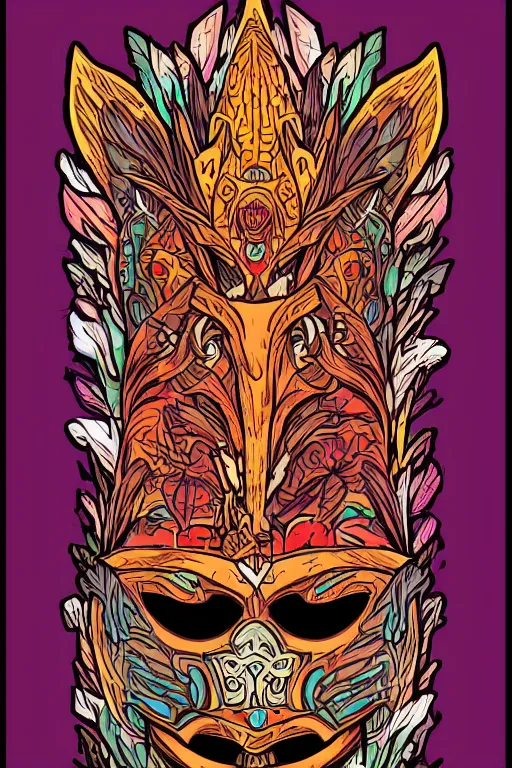 Image similar to animal mask totem roots flower tribal feather gemstone plant wood rock shaman vodoo video game vector cutout illustration vivid multicolor borderlands comics by josan gonzales and dan mumford radiating a glowing aura