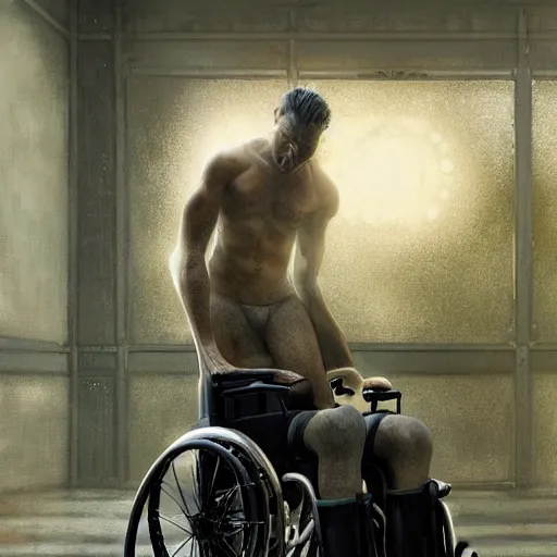 Image similar to handsome portrait of a wheelchair guy fitness posing, radiant light, caustics, war hero, smooth, one legged amputee, reflective water koi pond, ghost in the shell, futuristic accessibility prosthesis, lush garden surroundings, by gaston bussiere, bayard wu, greg rutkowski, giger, maxim verehin