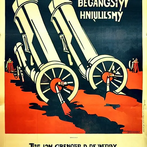 Image similar to propaganda poster featuring an extremely large number of artillery cannons, artillery, guns, limited palette, ww 1