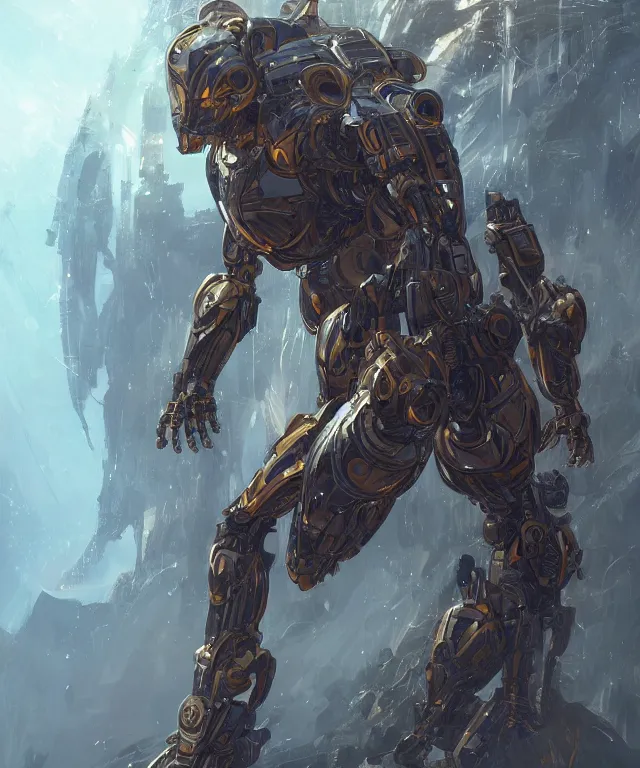 Image similar to a mech weretiger!!, subject centered in the frame, rule of thirds, golden ratio , scifi, intricate glowing mecha armor, elegant, highly detailed cybernetic body, flowing cloak, digital painting, artstation, concept art, smooth, sharp focus, illustration, art by Artgerm and moebius and Peter Mohrbacher