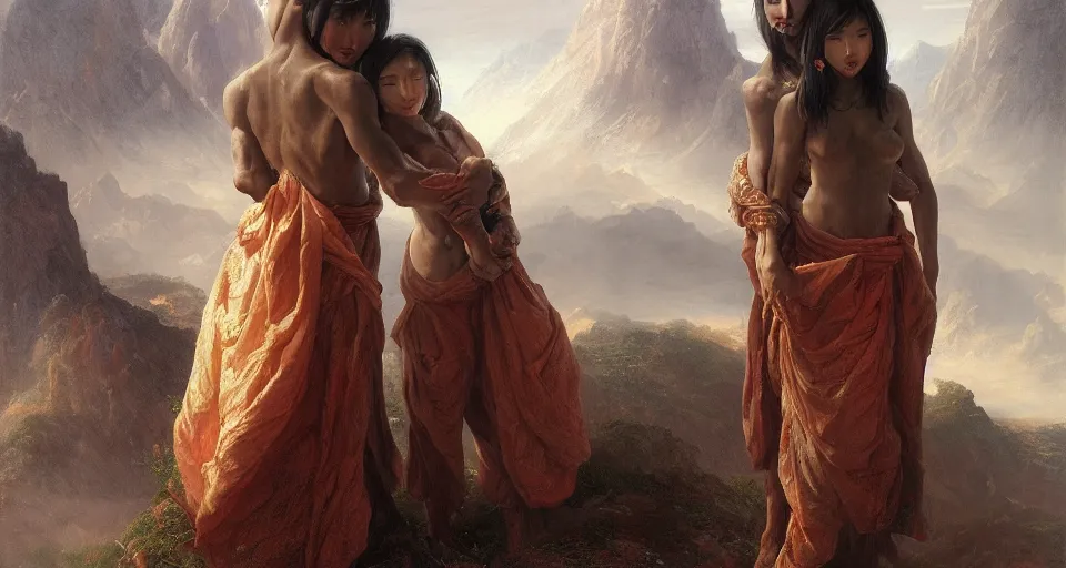 Prompt: young asian male and female, small cloths, holding each other hands, by thomas cole and wayne barlowe, bodyshape by kyu yong eom, 8 k, high detail, fantasy art, dnd, artstation,