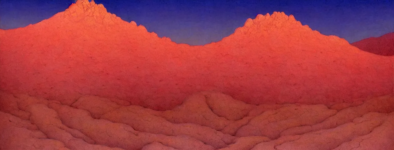 Prompt: a gorgeous desert painting of death valley by barlowe wayne maxfield parrish and marco mazzoni. tree no leaf!!!! china mountain village!! blue and very little light verdancy. the protruding pink clumps of rock. ultra clear detailed. 3 d, octane render. turbulent blood lake.