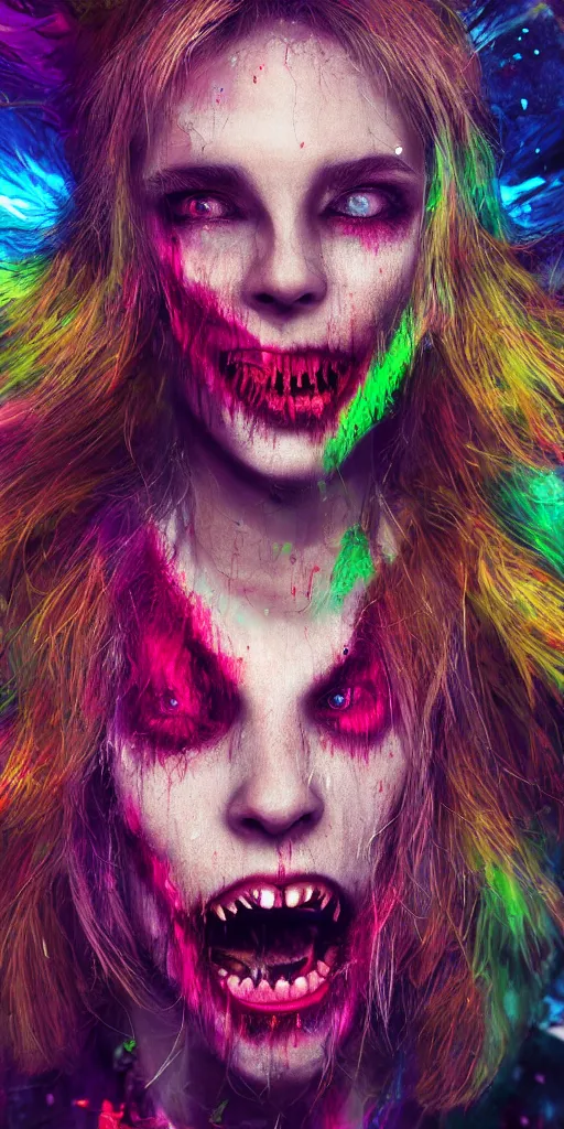 Image similar to impossibly beautiful vampire with large vampire fangs, full body, intricate complexity, horror, psychedelic glitch art, rainbow drip paint, trending on art station, photoreal, 8k, octane render