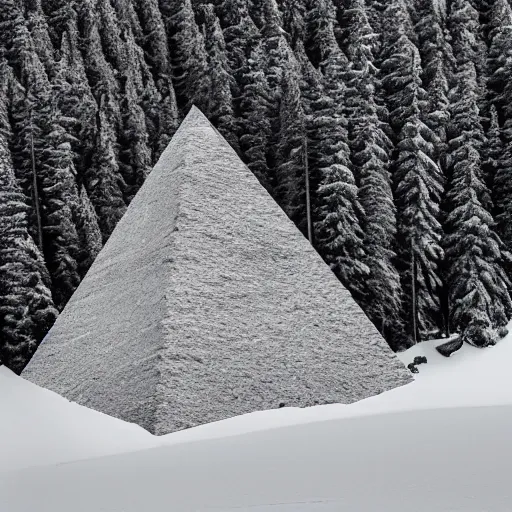 Image similar to a monolithic pyramid in a taiga next to a snowcapped mountain.