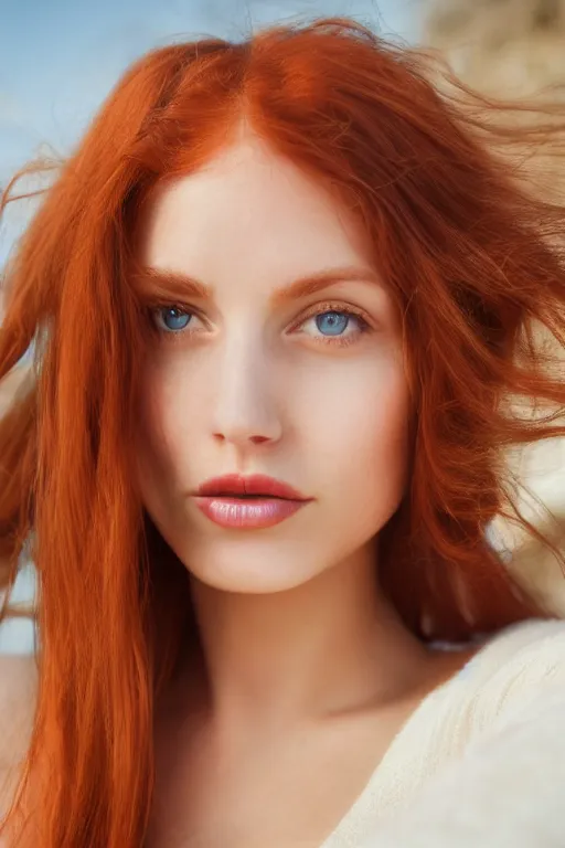 Image similar to olive skinned redhead female model in her twenties, wearing a v - neck sweater, looking content, focused on her neck, photo realistic, extreme detail skin, natural beauty, no filter, slr, golden hour, 4 k, high definition, selfie