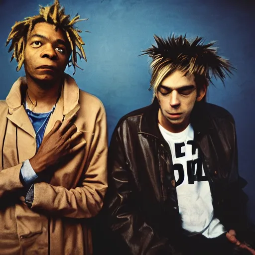 Prompt: medium format photo of jean - michel basquiat and kurt cobain photographed by annie leibovitz in a hi end photo studio, photorealistic, atmospheric,