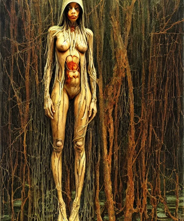 Image similar to a detailed mantiswoman stands among the swamps. wearing a ripped mantle, robe. perfect faces, extremely high details, realistic, fantasy art, solo, masterpiece, art by hermann nitsch, zdzislaw beksinski, dariusz zawadzki, giger, dragan bibin