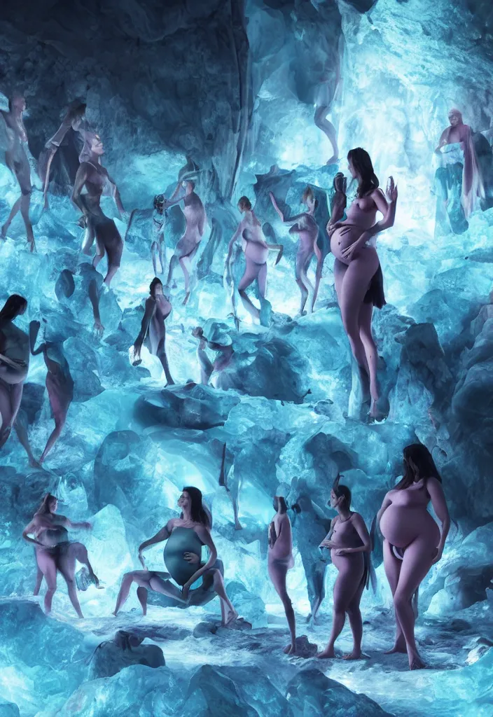 Image similar to epic leader pregnant woman talking to all her tribe with futuristic fluorescence mutant veins, proud people looking at the pregnant woman, ice cave, facinating, fantasy digital art, octane render, beautiful composition, trending on artstation, coherent, masterpiece