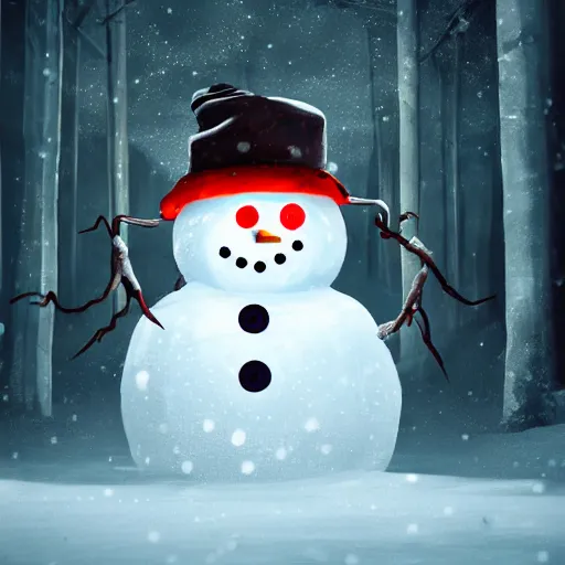 Image similar to a snowman, half made out of cyborg parts, with one glowing red eye, with an evil smile on his face, in the middle of a snow forest, dynamic lighting, photorealistic fantasy concept art, trending on art station, stunning visuals, creative, cinematic, ultra detailed