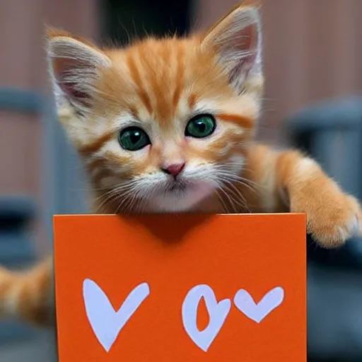 Image similar to cute fluffy orange tabby kitten with a sign that says