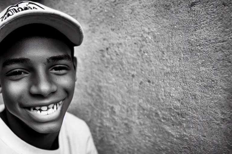 Image similar to still photo of a cuban teenage boy smiling at the camera on the street, black and white color aesthetic, highly detailed, photorealistic portrait, bright studio setting, studio lighting, crisp quality and light reflections, unreal engine 5 quality render