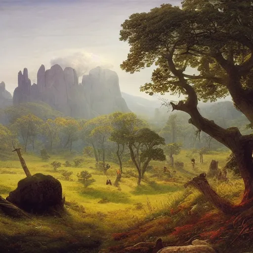 Image similar to pastoral tribute to caspar david friedrich a wide expansive valley with verdant foliage, tall broad oaks, a beautiful pellucid river running betwixt gorgeous igneous rock driven up by glaciers oil paint rendering jonas de ro