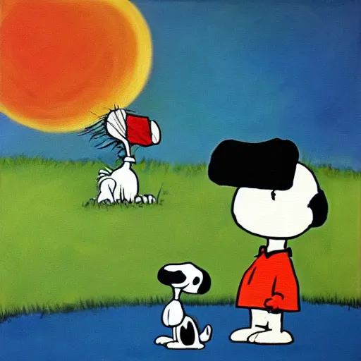 Image similar to Charlie Brown and Snoopy, oil paint