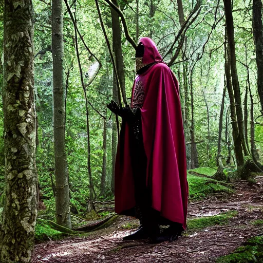 Image similar to medieval cloak wearing anthro lizard, photograph captured in the woods