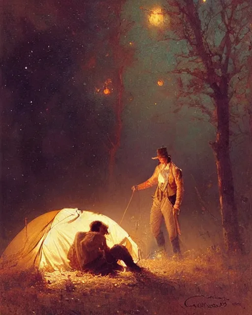 Image similar to very very attractive man counts the stars at night from beside the fire, his tent is nearby, melancholy, nostalgia, painting by gaston bussiere, craig mullins, j. c. leyendecker