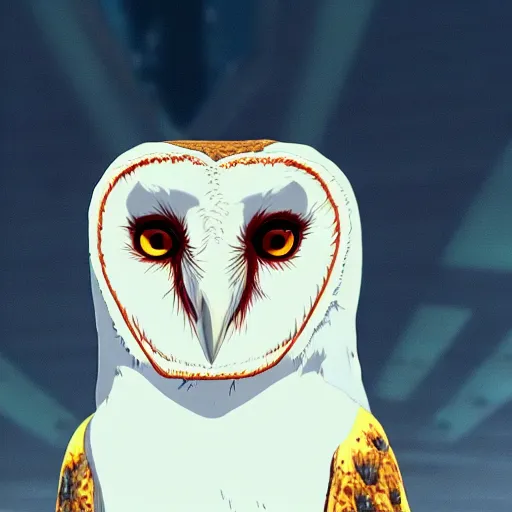 Prompt: a shot of a barn owl in a suit in evangelion 1 0 movie, movie shot, anime, hightly detailed, rescalated 4 k, detailed