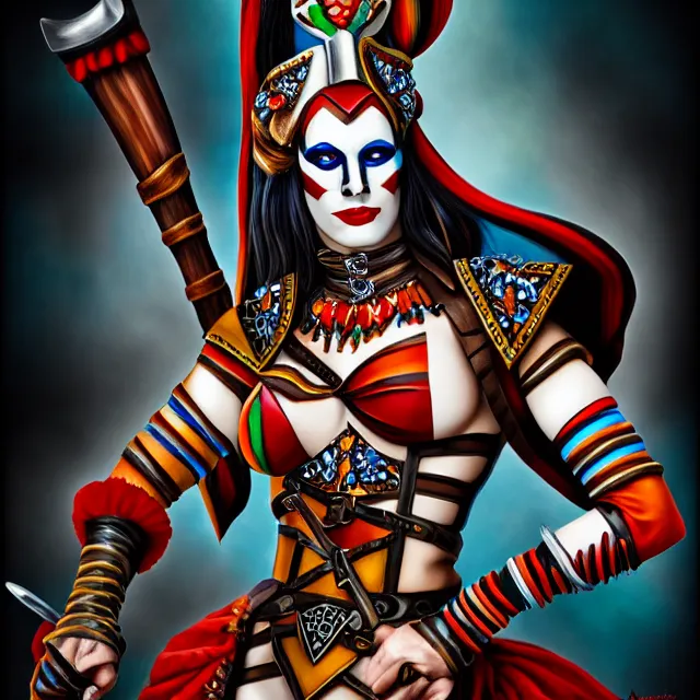 Image similar to beautiful harlequin warrior, highly detailed, 8 k, hdr, anne stokes