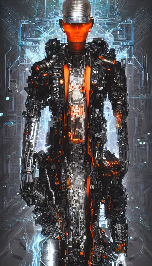 Image similar to full body head to toe portrait of a cyberpunk sci-fi cyborg netrunner bionic man, third person, D&D, sci-fi fantasy, matrix , intricate, black with shiny silver and orange fringe highlights, highly detailed, art by Range Murata, highly detailed, 3d, octane render, bright colors, digital painting, trending on artstation, sharp focus, illustration style of Stanley Artgerm, dramatic background