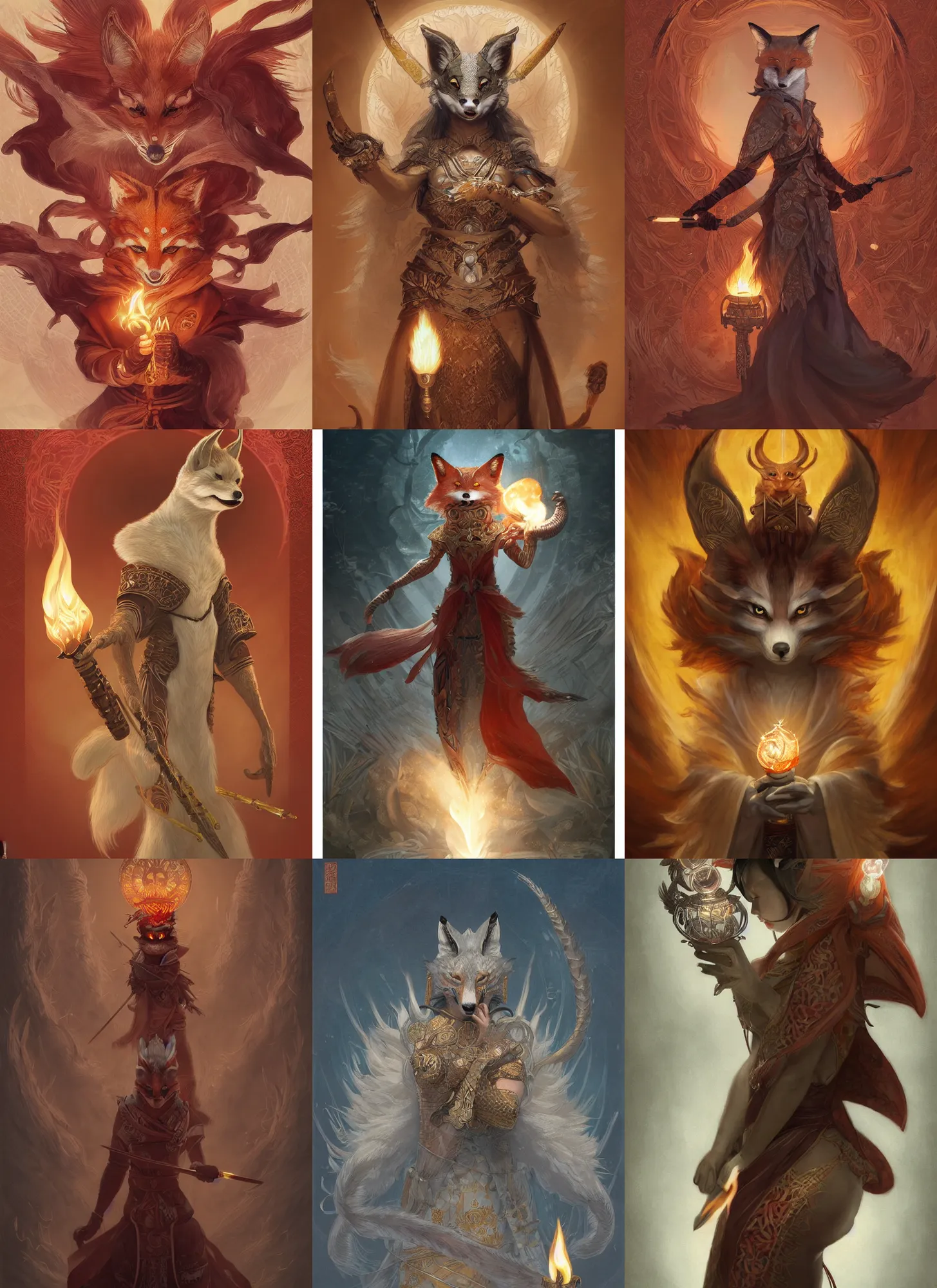 Prompt: mtg, kitsune holding torch, japanese fox head, intricate, elegant, highly detailed, digital painting, artstation, concept art, smooth, sharp focus, illustration, daren bader, aleksi briclot, carl critchlow, mucha, rutkowski