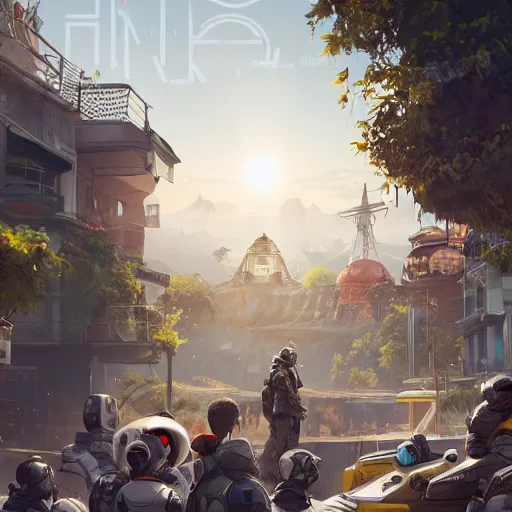 Prompt: clean white dome in a pleasant urban setting surrounded by families, in style of apex legends, art station, ultra hd, soft light, overhead sun, ultra hd, art station