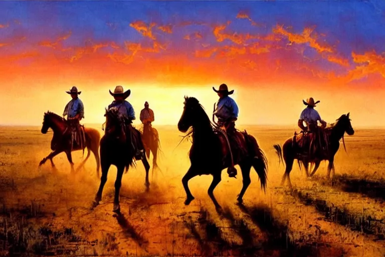 Prompt: cowboys riding towards a native american village, sunset, prairie, cinematic, 4 k, detailed, by john berkey!!!!!! and peter jackson and ridley scott and beeple!!! and greg rutowski