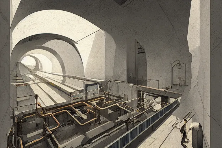 Prompt: A crypt in a hydroelectric power station, digital art, artstationhq, by Charles Sheeler and Jordan Grimmer and Victor Mosquera